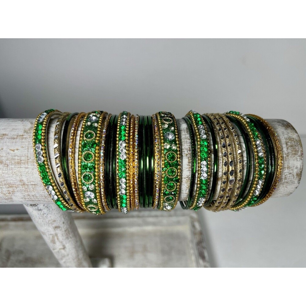 Indian Bridal Bangle Set Chooda - Emerald Green & Gold Churi (Size 2.6, 3.1 oz)